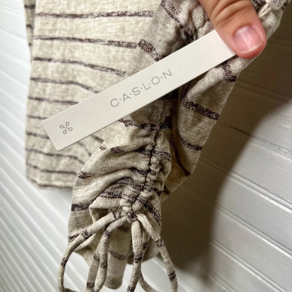 Caslon Women Beige Striped Short Sleeve Drawstring T-Shirt Size L Oatmeal - Picture 2 of 11